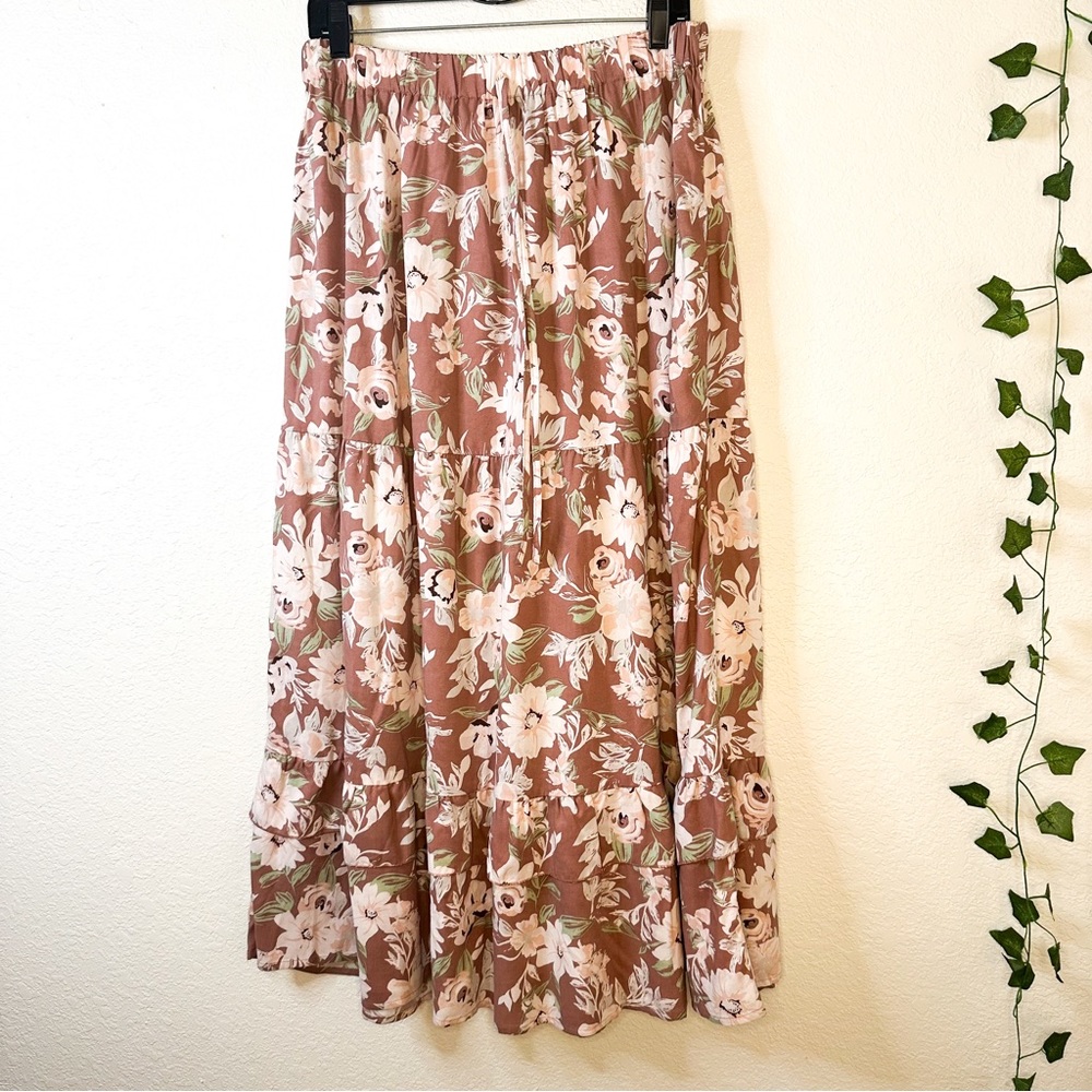 Floral Tiered Maxi Skirt - Mauve Pink